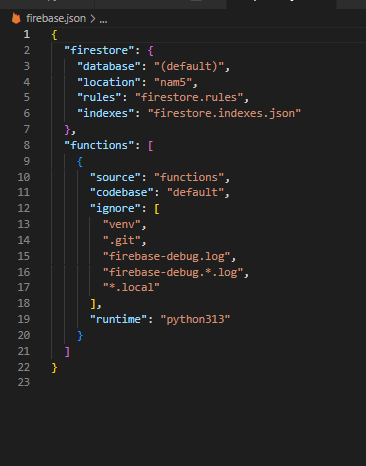Firebase configuration settings in firebase.json file